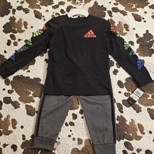 Adidas Black Shirt with Colorful Logo and Gray Pants